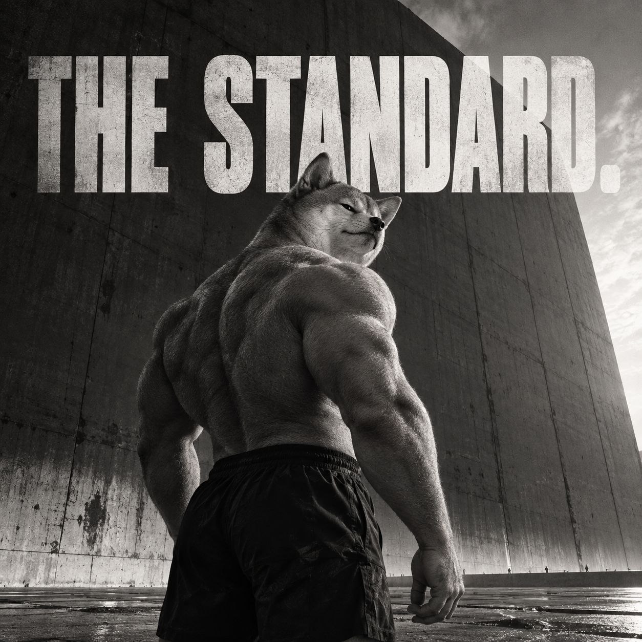 Poster: The Standard. Mog Inu from behind, before a concrete wall.