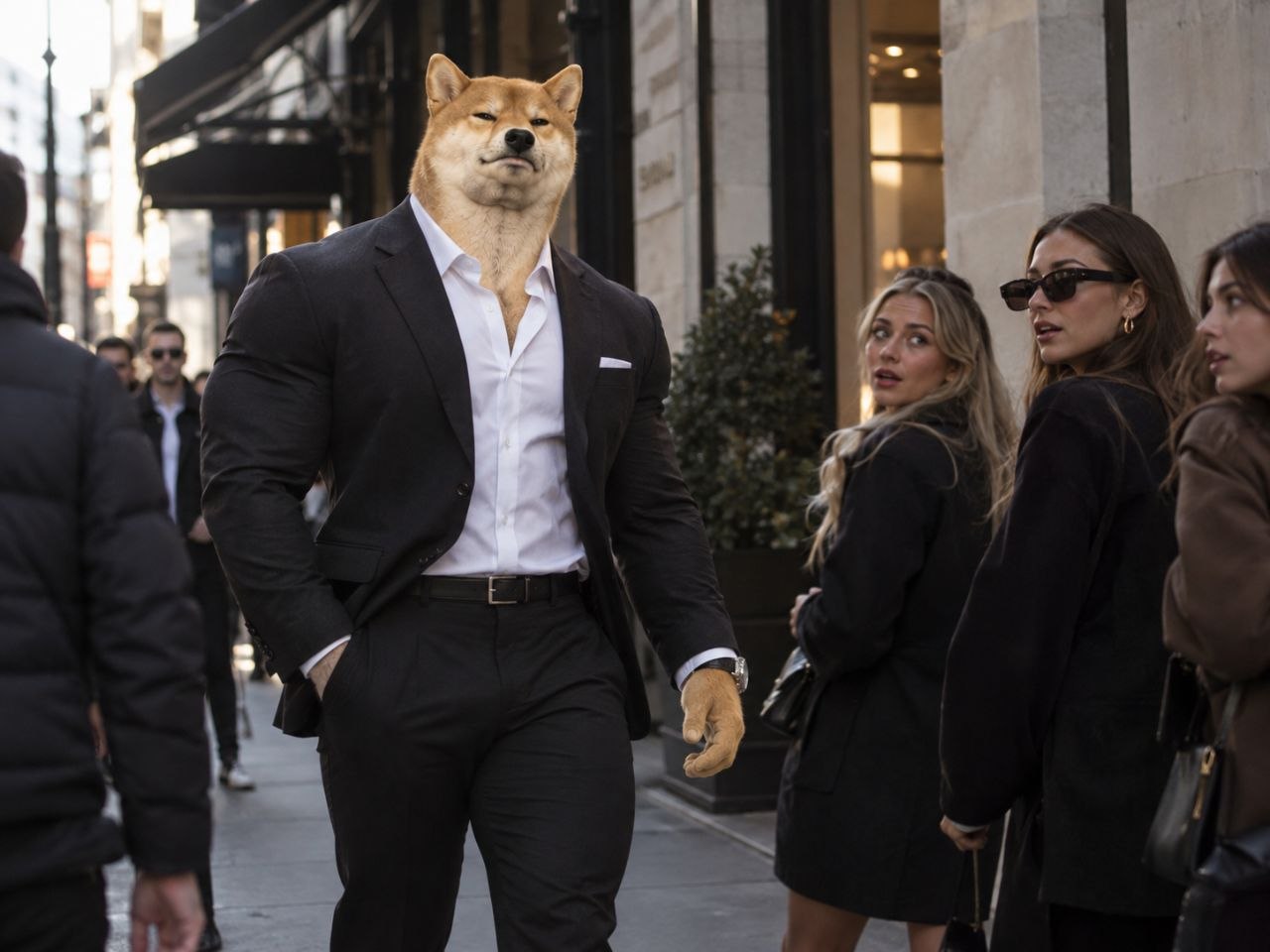 Mog Inu in a suit walking down a street while people turn to stare.